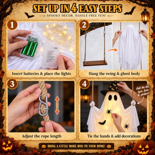 Light Up Halloween Ghost on Swing – 5FT Outdoor Decor with Remote & 8 Modes