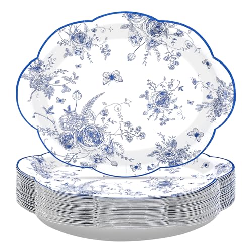 Blue White Floral Oval Plates - 50Pcs 10x12 Inch Chinoiserie Scalloped Dinnerware - Variation: Blue White Floral