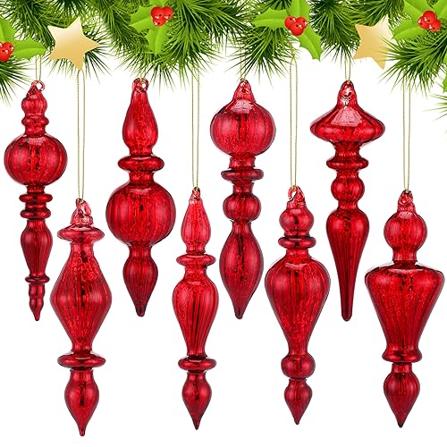 Mercury Glass Finial Christmas Ornaments - Red, 6 Inch, Set of 8
