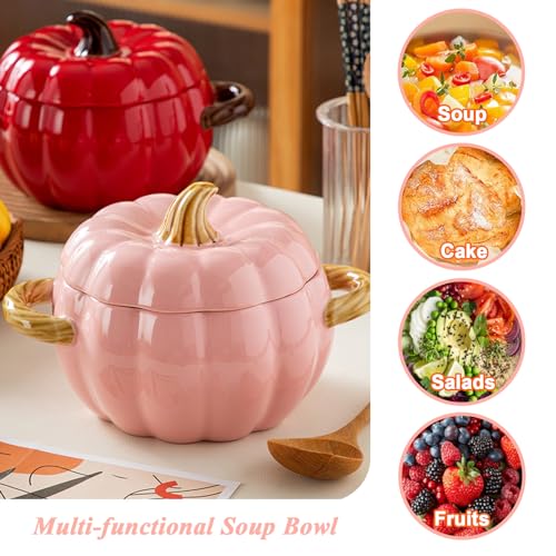 Pink Pumpkin Soup Bowl 64oz Ceramic Pumpkin Pot with Lid - Holiday Themed Serveware