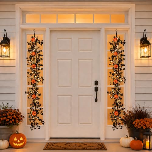 Lighted Halloween Garland for Mantle Fireplace Decorations - 5.2 ft Pumpkin and Black Eucalyptus Decor