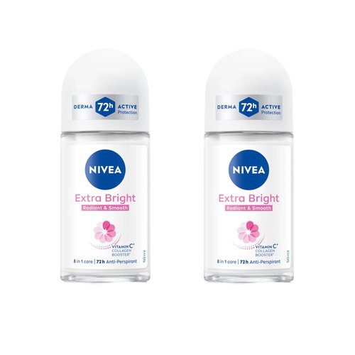 NIVEA Extra Bright 8 Super Food Vitamin C Collagen Booster Underarm Roll-On Deodorant, Alcohol-Free, 72HR Odor Protection, Smooth & Bright Skin, 50ml, 1.69oz, Pack of 2