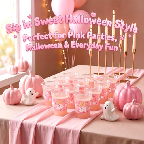 Halloween Ghost Plastic Cups 12oz Pack of 50 - Pink Ghost Design