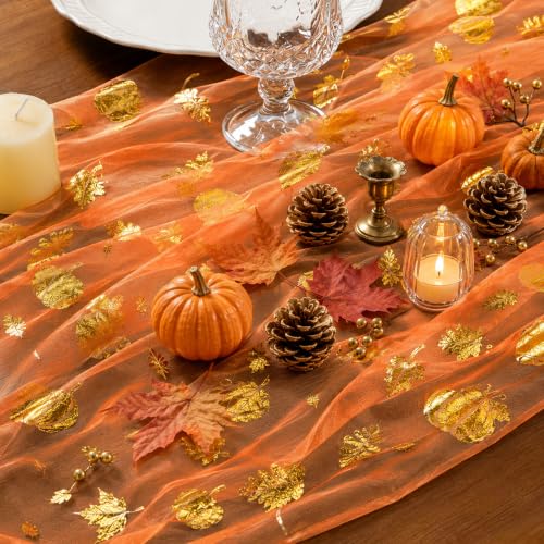 Fall Table Runner with Gold Foil Pumpkins Leaves 10FT - Color 01