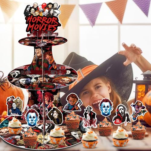 Halloween Cupcake Stand with Horror Scream Design and Toppers - 3 Tier Party Decor