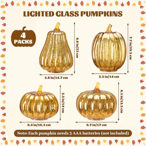 Set of 4 Glass Pumpkin Lights for Fall Halloween Decoration - Autumn Decor