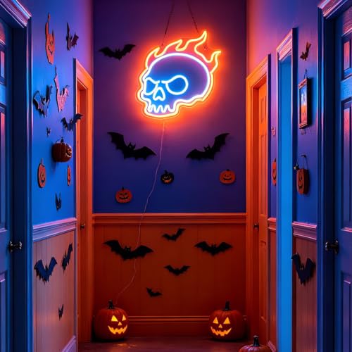 Halloween Neon Sign - Burning Skull with Flame Style B - USB Powered, Dimmable, Easy Mounting