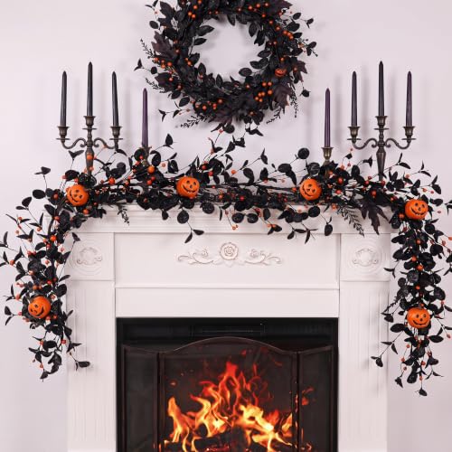 Lighted Halloween Garland for Mantle Fireplace Decorations - 5.2 ft Pumpkin and Black Eucalyptus Decor