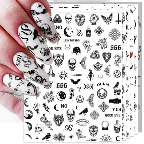 Gothic Snake & Skull Nail Stickers - Halloween Gothic Black Skull Self-Adhesive 3D Nail Decals - Variation of Gothic Skull