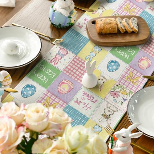 Easter Table Runner 13 x 90 Inch Plaid Bunny Rabbit Eggs Seasonal Decor Purple