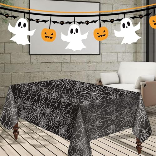 Halloween Black Spider Tablecloth - 54 x 108 Inch Rectangular Spider Web Table Cover with Variation: Black Spider Halloween