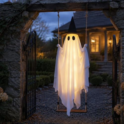 Large Outdoor Hanging Swing Ghost Halloween Decor - 5.3FT Light-Up Ghost