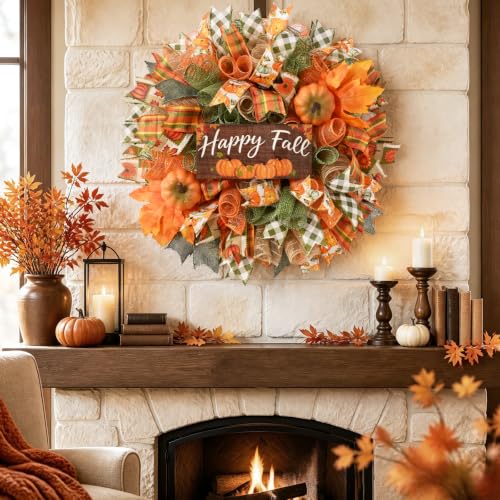 Fall Wreath for Front Door - 20 Inch Mesh Bow with Wooden 'Happy Fall' Sign - Orange Green Variation