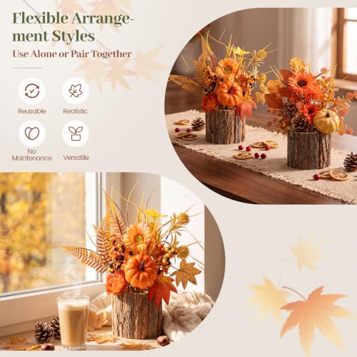 Artificial Fall Table Centerpieces with Rustic Wood Vases - 2 Pack for Thanksgiving & Autumn Decor