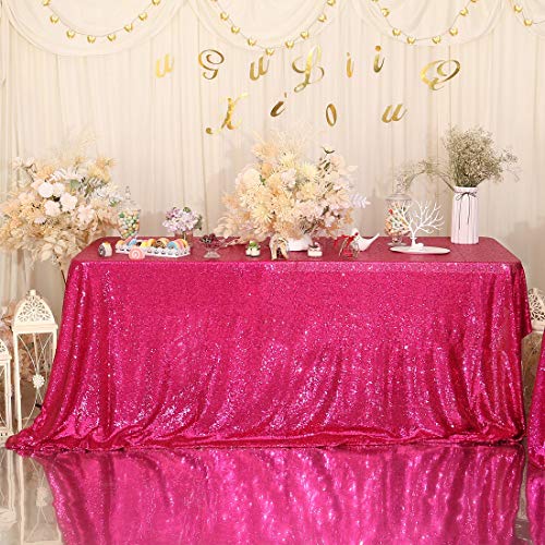 Hot Pink Sequin Tablecloth 60 x 120 Inch Fuchsia Sparkly Overlay for Wedding Party