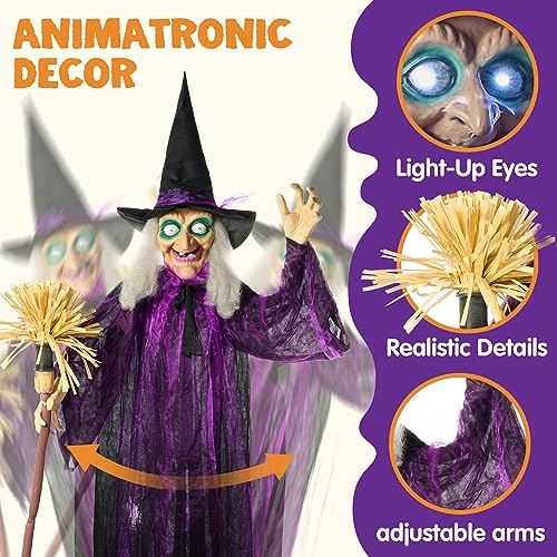 Purple Outdoor Halloween Animatronic Witch - Life Size with LED Eyes & Creepy Sound