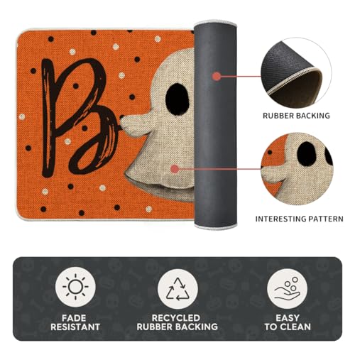 Halloween Kitchen Mats Set of 2 - Ghost Boo Orange Non-Slip 17x29 & 17x47 Inches