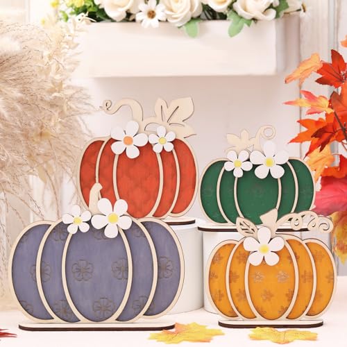 Thanksgiving Fall Pumpkin Wooden Tabletop Signs - Autumn Decor Set with Earthy Colors
