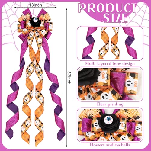 Large Halloween Tree Topper Bow - Spooky Ghosts, Eyeballs & Black Roses Decoration