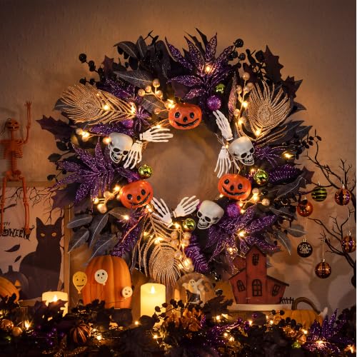 Halloween Wreath with Lights - Gothic Pumpkin Door Decor, 24 Inch