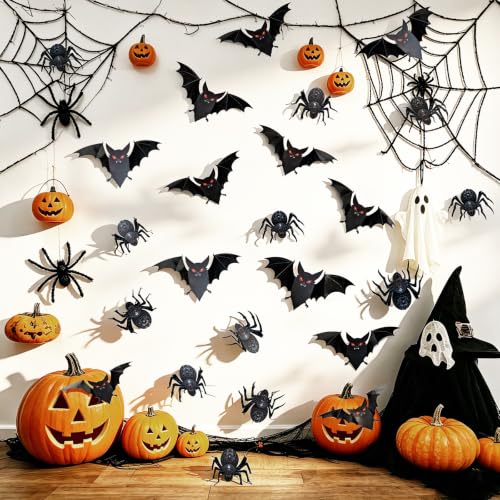 3D Bat and Spider Wall Decals Halloween Decor Set - Removable Vinyl Stickers