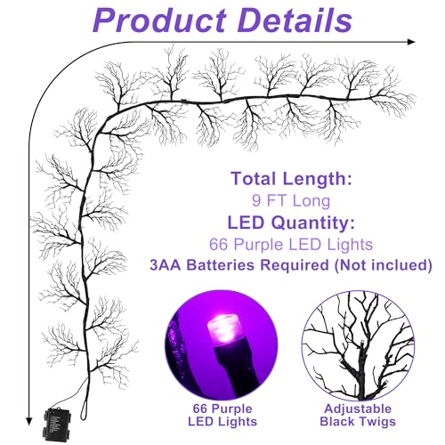 Halloween Willow Vine Garland with Purple LED Lights - 9 Ft Indoor Decor with Timer & 8 Modes