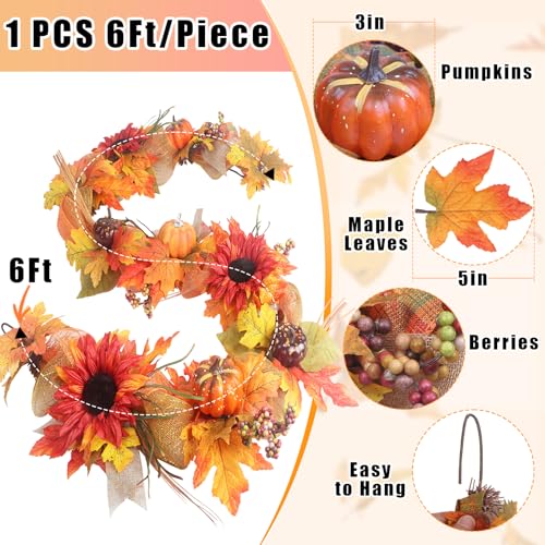 Fall Garland for Mantle - 6FT Autumn Leaves Pumpkin & Berries Garland with Ribbon - HM5594