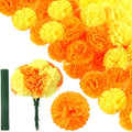 Artificial Silk Marigold Flowers with Stems - Orange & Yellow, 100 Pieces