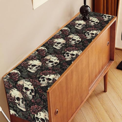 Gothic Table Runner 13x36 Inch Retro Rustic Black Rose Skull Halloween Decor - Variation Gothic-6