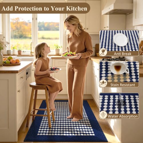 Navy Checkered Kitchen Mat Set - 3 Piece Washable Floor Rugs, Non-Slip, Pet & Kid Friendly