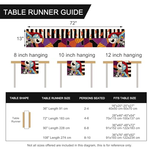Halloween Table Runner 13x72 Inch Jack Skeleton Bat Stripe Decor - Black White