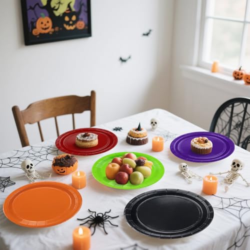 Halloween Paper Dinner Plates 9 Inch Bulk Pack - Black, Orange, Purple, Green, Red - Party Supplies
