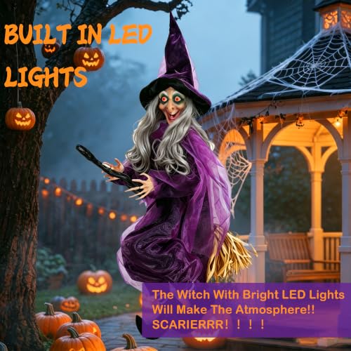 Flying Witch Halloween Decoration - Animated 4ft Hanging Prop with Lighted Eyes and Sound Activation for Yard & Indoor Haunted House