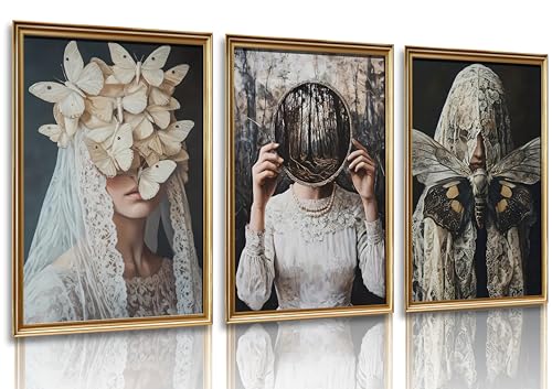Gothic Canvas Wall Art Set of 3 - Victorian Women Butterfly Dark Decor 12x16in & 24x16in Variation