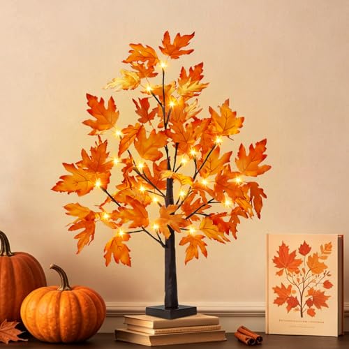 1 Pack 2FT Lighted Maple Tree for Fall Home Decor - Artificial Indoor Tree with LED Lights