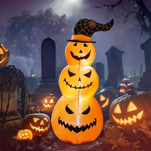 4FT LED Light-Up Halloween Inflatable Pumpkins with Witch Hat - Outdoor Yard Decor