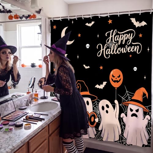 Halloween Ghost Shower Curtain with Hooks, 72 x 71 Inches - Boo Variation