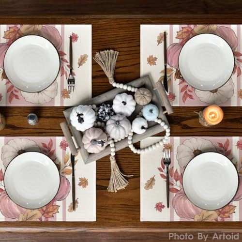 Pink Pumpkin Maple Leaf Fall Placemats Set of 4 - 12 x 18 Inch Rectangular