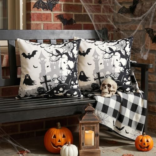 Artscope Halloween Haunted House & Ghost Throw Pillow Cover Set - Bat 16x16 Inches