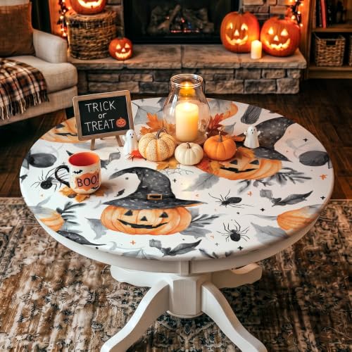 Halloween Round Fitted Tablecloth for 54-60 Inch Tables - Pumpkin Head Design