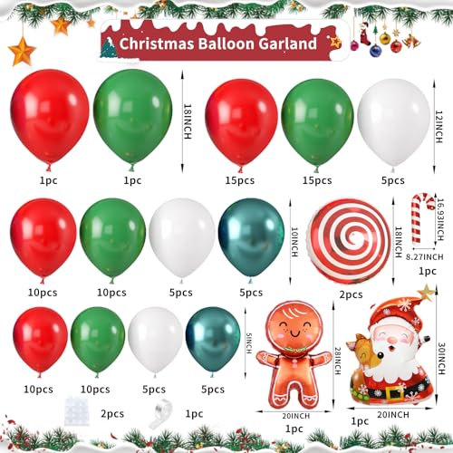 Christmas Balloon Garland Arch Kit with Santa & Snowflake Balloons - Green, Red, White