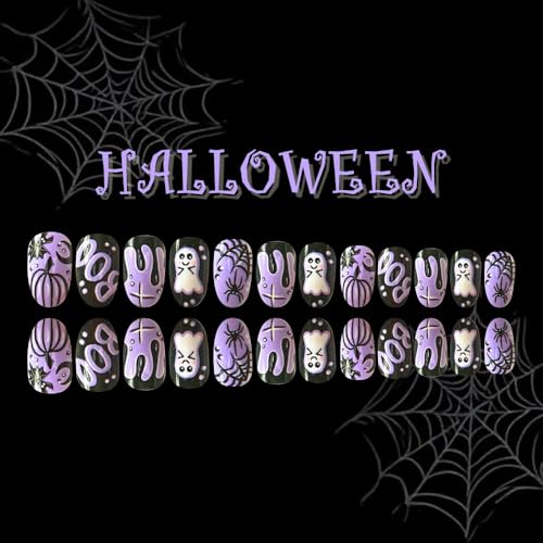 OCOUYVD Halloween Short Almond Fake Nails with Ghost & Pumpkin Design - 24PCS Variation 59