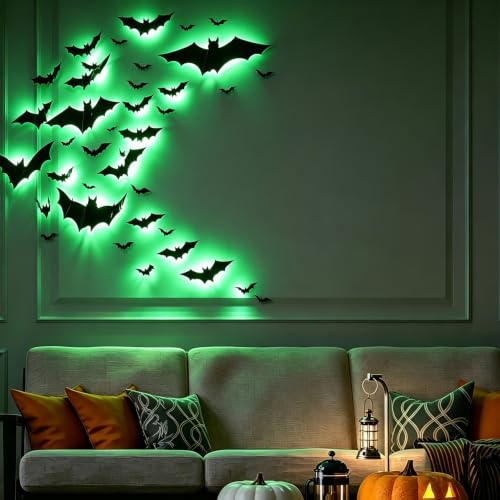 36 Pack LED Glowing Halloween Bat Wall Decorations - 3D Flying Window Decals, Green Lights