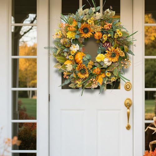 24 Inch Fall Sunflower Wreath - Autumn Door Decor with Pumpkins & Leaves