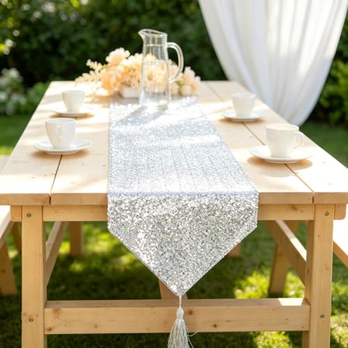 Sequin Tassel Table Runner 12x108 Inch Silver for Christmas and Events - ShinyBeauty