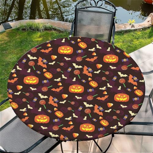 Round Fitted Tablecloth with Elastic Edge - Halloween Treats, 36 Inches Waterproof & Stain Resistant