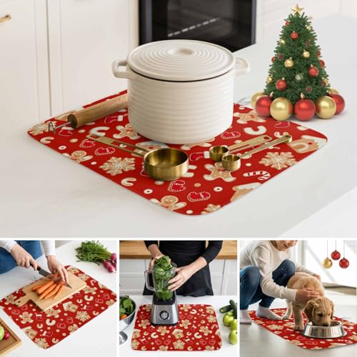 Christmas Gingerbread Man Dish Drying Mat - Absorbent Microfiber, 24 x 18 Inches, Red Snowflake Design - Holiday Kitchen Decor