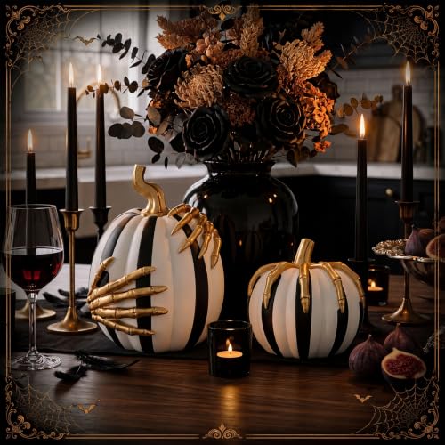 Halloween Black and White Pumpkin Decor Set with Skeleton Hands - Indoor Outdoor Resin Decorations