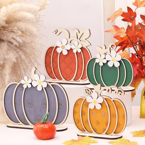 Thanksgiving Fall Pumpkin Wooden Tabletop Signs - Autumn Decor Set with Earthy Colors