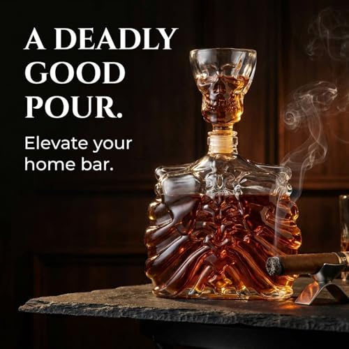 Godinger Skull Whiskey Decanter Set with Shot Glass - 32oz Gothic Home Bar